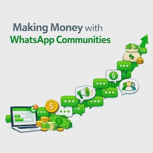 Könnte beinhalten: Illustration mit dem Text „Geld verdienen mit WhatsApp-Communities“. Ein grüner Pfeil steigt eine Treppe aus grünen Sprechblasen hinauf. Die Stufen umfassen einen Laptop, Geld, Münzen und einen Geldsack.