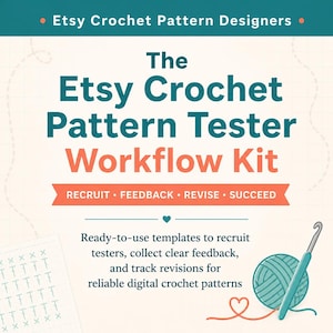 Könnte beinhalten: Eine digitale Grafik mit dem Titel The Etsy Crochet Pattern Tester Workflow Kit und dem Untertitel Recruit, Feedback, Revise, Succeed. Sie zeigt ein blaugrünes Garnknäuel mit einer Häkelnadel und ein Gittermuster auf cremefarbenem Grund.