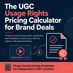 Könnte beinhalten: Eine dunkelblaue Grafik mit dem Text The UGC Usage Rights Pricing Calculator for Brand Deals, einem schrittweisen Preissystem, Arbeitsblättern und Vorlagen zur Lizenzierung von UGC, mit Symbolen für Videoplayer, Dollarzeichen, Dokument, Copyright-Siegel und Taschenrechner.