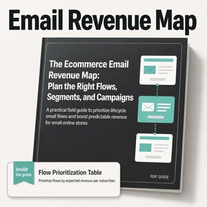 Könnte beinhalten: Ein schwarzer PDF-Leitfaden mit dem Titel Email Revenue Map: Plan the Right Flows, Segments, and Campaigns. Das Cover zeigt drei weiße und türkisfarbene E-Mail-Symbole, die durch eine gepunktete Linie verbunden sind. Ein weißes Textfeld enthält Inside the guide Flow Prioritization Table.