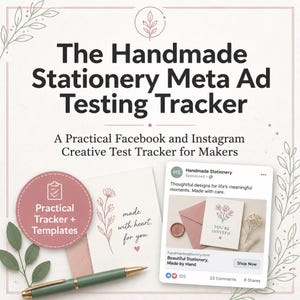 Può includere: Un tracker digitale intitolato The Handmade Stationery Meta Ad Testing Tracker con il sottotitolo A Practical Facebook and Instagram Creative Test Tracker for Makers. Include un badge circolare rosa, un biglietto d'auguri e una penna verde.