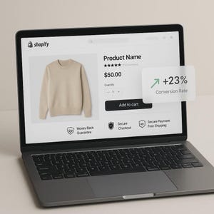 Könnte beinhalten: Ein Laptop zeigt eine E-Commerce-Produktseite. Die Seite zeigt einen beigen Pullover, Produktdetails und eine Schaltfläche "In den Warenkorb". Eine Grafik zeigt eine Konversionsrate von +23%. Das Shopify-Logo ist sichtbar.