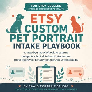 Könnte beinhalten: Ein digitaler Leitfaden mit dem Titel Etsy Custom Pet Portrait Intake Playbook für Verkäufer. Er zeigt ein blaugrünes Hunde-Icon, eine orangefarbene Katze, ein Klemmbrett mit Checklisten und Sprechblasen für Kundendetails und Freigaben.