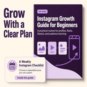 Könnte beinhalten: Ein dunkelvioletter PDF-Leitfaden mit dem Titel Instagram Growth Guide for Beginners, der den Text Grow With a Clear Plan und A Weekly Instagram Checklist enthält. Das Cover zeigt Symbole für Fotos, Videos und Stories sowie einen Button Inside the guide.
