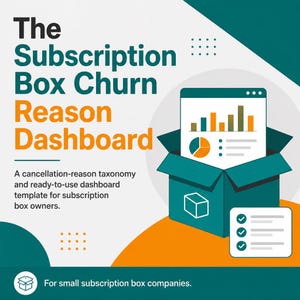 May include: A digital graphic titled The Subscription Box Churn Reason Dashboard. It features a teal open box containing a data chart with bars and a pie chart, alongside a checklist icon. The text describes a cancellation-reason taxonomy template.