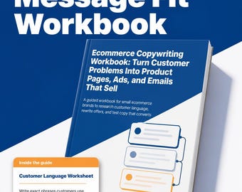 ecommerce copywriting guide, workbook for small ecommerce brands - product pages, landing pages, ads, emails that sell