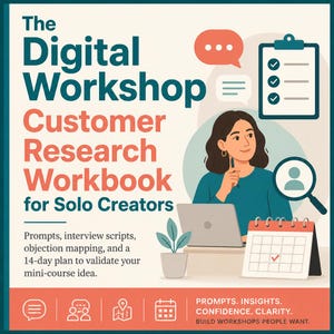 Könnte beinhalten: Ein digitales Arbeitsbuch mit dem Titel The Digital Workshop Customer Research Workbook for Solo Creators. Es zeigt eine Person mit Laptop, eine Checkliste, eine Lupe, einen Kalender und eine Pflanze. Der Text umfasst Prompts, interview scripts, objection mapping, and a 14-day plan to validate your mini-course idea, sowie Prompts. Insights. Confidence. Clarity. Build workshops people want.