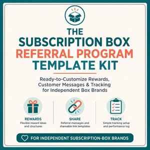 Könnte beinhalten: Ein digitales Vorlagen-Kit mit dem Titel The Subscription Box Referral Program Template Kit. Es enthält Symbole für Belohnungen, Teilen und Nachverfolgung sowie Text zu anpassbaren Belohnungen, Kundennachrichten und Tracking für unabhängige Box-Marken.