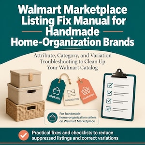 Könnte beinhalten: Ein Handbuch mit dem Titel Walmart Marketplace Listing Fix Manual for Handmade Home-Organization Brands. Es zeigt drei gestapelte Aufbewahrungsbehälter, drei hängende Etiketten mit der Aufschrift Storage, Organization und Handmade sowie eine Checkliste.