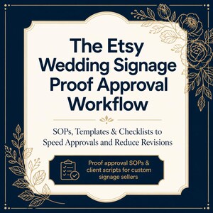 Könnte beinhalten: Eine digitale Grafik mit dunkelblauem Rand und cremefarbenem Zentrum, verziert mit goldenen Blumenillustrationen. Der Text lautet: The Etsy Wedding Signage Proof Approval Workflow, SOPs, Templates & Checklists to Speed Approvals and Reduce Revisions.