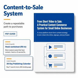 Könnte beinhalten: Ein blau-weißer PDF-Leitfaden mit dem Titel Content-to-Sale System: From Short Video to Sale: A Practical Content-Commerce System for Small Online Businesses. Er enthält ein Arbeitsblatt und einen 30-Tage-Redaktionsplan mit grafischen Symbolen.