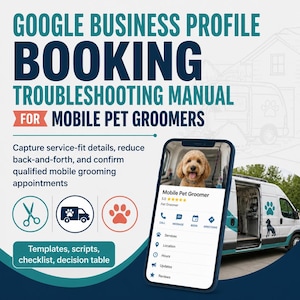 Könnte beinhalten: Ein digitales Handbuch mit dem Titel Google Business Profile Booking Troubleshooting Manual for Mobile Pet Groomers. Es zeigt ein Smartphone mit einem Tierpfleger-Profil, einen weißen Transporter mit Pfoten-Grafiken und Symbole.