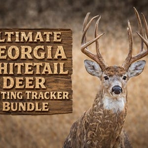 May include: A majestic whitetail deer with large antlers stands beside a wooden sign. The sign reads "ULTIMATE GEORGIA WHITETAIL DEER HUNTING TRACKER BUNDLE" in a rustic font. The deer has brown fur and is set against a blurred background.