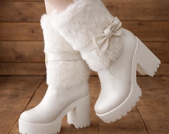 Women’s Faux Fur Platform Winter Boots with Chunky Heel and Bow Design