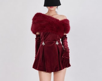 Red Velvet Mini Dress: Off-Shoulder Fur Trim Cocktail Outfit