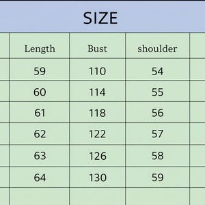 May include: A size chart with the word "SIZE" at the top. The chart lists sizes XS to XXL, with corresponding measurements for length (in cm), bust (in cm), shoulder (in cm), and sleeve (in cm).