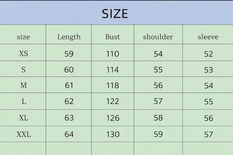May include: A size chart with the word "SIZE" at the top. The chart lists sizes XS to XXL, with corresponding measurements for length (in cm), bust (in cm), shoulder (in cm), and sleeve (in cm).