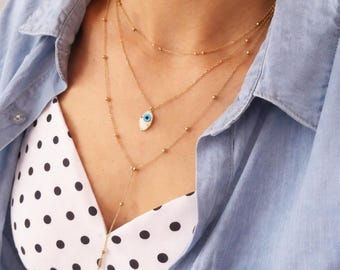 Silver Layered Necklace Set - Evil Eye & Y-Drop Pendant, Protection Jewelry Gift for Her