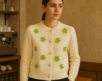 Cream Fuzzy Floral Cardigan, Soft Knit Button Up Sweater for Women