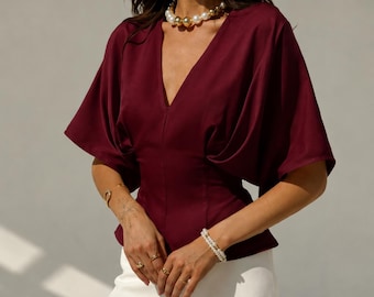 Burgundy V Neck Blouse Women Elegant Batwing Peplum Workwear Shirt