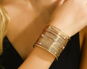 Gold Cuff Bracelet for Women, Wide Statement Adjustable Stackable Bangle