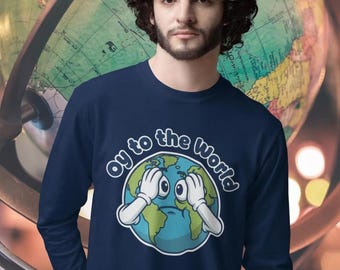 Jewish Humor Oy to the World Garment Dyed Long Sleeve Tee, Funny Oy Vey Yiddish Gift, Hanukkah Present, Funny Earth Graphic Tee, Jewish Gift