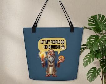 Jewish Humor Let My People Go To Brunch  All-Over Print Large Tote Bag Funny Passover Moses Noshing Biblical Humor Gift For Jewish Mom