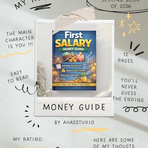 May include: A book titled "First Salary Money Guide" with a blue and gold cover, featuring illustrations of money and a piggy bank. The image includes text that says "Plan Your First Paycheck" and "Save & Grow Your Money."
