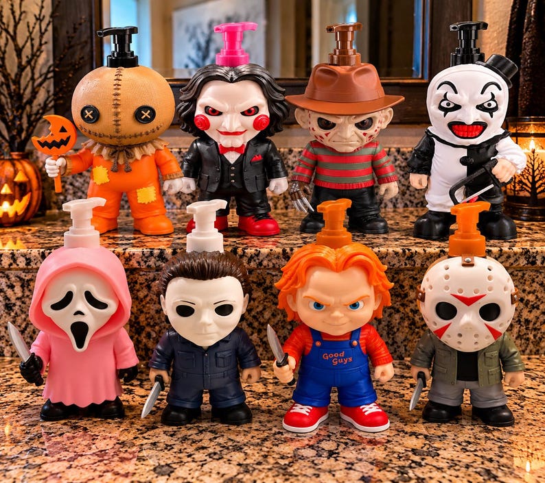 Peut inclure: Une collection de huit distributeurs de savon sur le th&egrave;me de l'horreur repr&eacute;sentant des figurines stylis&eacute;es de Sam, Billy, Freddy Krueger, Art the Clown, Ghostface en rose, Michael Myers, Chucky avec un t-shirt Good Guys et Jason Voorhees.