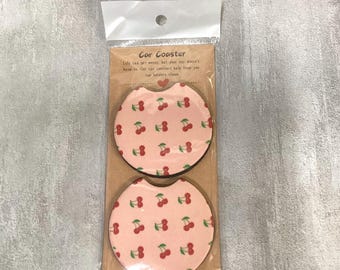 Pink Cherry Car Coasters | Retro Car Accessories, Set of 2