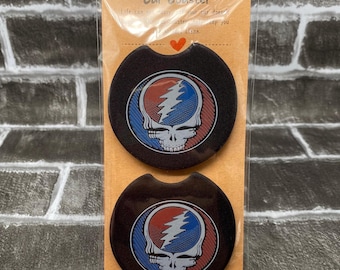 Grateful Dead Inspired Car Coasters | Psychedelic Skull Auto Cup Holder Coasters | Retro Style Car Accessories | Set of 2