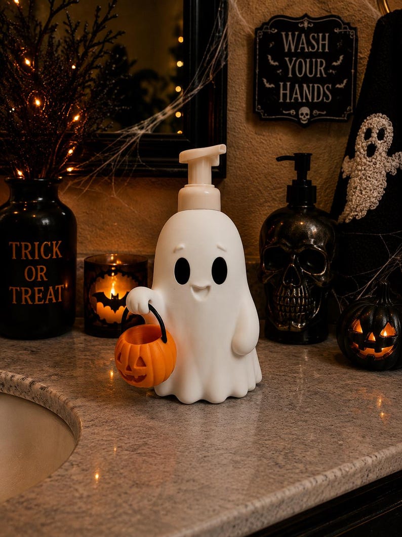 Peut inclure: Un distributeur de savon en forme de fant&ocirc;me blanc avec une pompe, arborant un visage souriant et tenant un petit seau citrouille orange en plastique avec une anse noire. Le distributeur est en mat&eacute;riau lisse et pos&eacute; sur une surface plane.