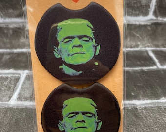 Frankenstein auto-onderzetters | Klassieke horrormonsteronderzetters | Gotische Halloween-autoaccessoires | Set van 2 stuks