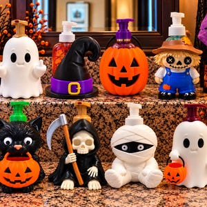 Peut inclure: Une collection de huit distributeurs de savon sur le thème d'Halloween comprenant un fantôme blanc, un chapeau de sorcière, une citrouille orange, un épouvantail, un chat noir tenant une citrouille, la faucheuse, une momie et un fantôme.