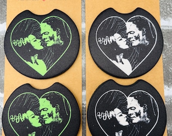 Monster & Bride Car Coasters | Classic Horror Frankenstein Monster Coasters Halloween Car Accessories | Set of 2