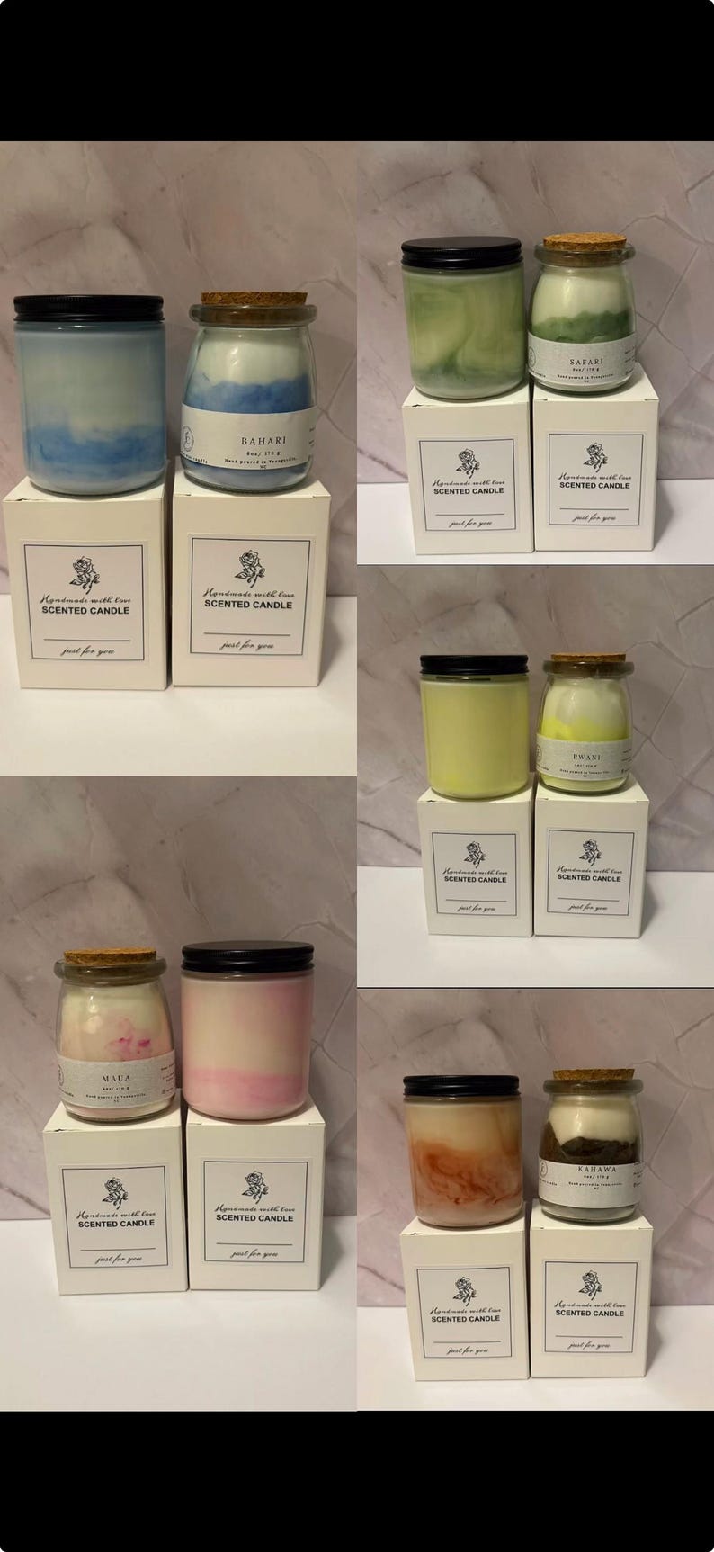 K&ouml;nnte beinhalten: Eine Auswahl an Duftkerzen in Gl&auml;sern mit Kork- oder schwarzen Deckeln, pr&auml;sentiert auf wei&szlig;en Schachteln. Die Kerzen haben verschiedene Farben, darunter Blau, Gr&uuml;n, Gelb, Rosa und Orange. Auf jeder Schachtel steht "Handmade with love Scented Candle".