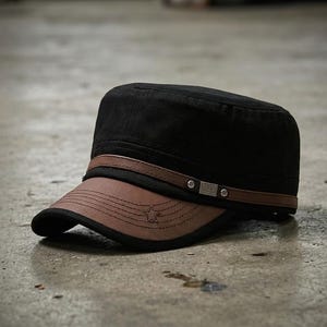 May include: A black military-style cap featuring a brown faux leather brim and a matching brown faux leather band across the front. The band is accented with silver-toned metal studs and a small rectangular metal plate with the text XS Fashion.