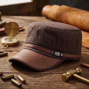 Op de afbeelding: Een bruine pet in militaire stijl met een platte bovenkant, een gestructureerde kroon en een bruine klep met lederlook. Een dunne bruine band loopt rond de basis van de kroon, vastgezet met een metalen plaatje met de letters FS erop.