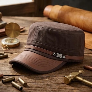 Vintage Military Flat Top Cadet Cap Distressed Canvas Leather Patchwork Classic and Vip Hat