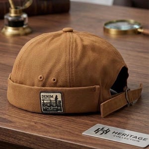 May include: A brown canvas docker cap featuring a rolled brim and a rectangular patch on the side. The patch displays the text "DENIM" and "Dry Goods" with a graphic illustration. The cap includes a metal buckle strap at the back for adjustment.