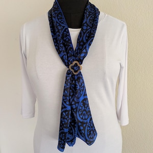 Vintage ECHO Silk Scarf | Cobalt Blue Black Baroque Medallion Wrap 80s 90s