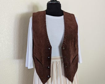 Vintage 90s Pan-Asia Genuine Suede Vest | Brown Leather Whipstitch Waistcoat | Boho Western Cowboy Style | Size L Tobacco Brown Suede Bodice