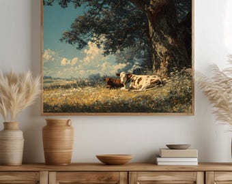 Impressionistische Kühe Wiese Kunstdruck, pastorale Bauernhaus Wandkunst (digitaler Download)