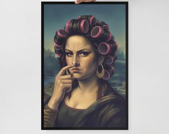 Framed Mona Lisa Parody Print: Pink Hair Rollers, Funny Bathroom Decor
