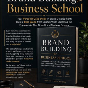 May include: A promotional image for a business school textbook titled "Brand Building for Business School." The book is black with gold lettering and is accompanied by a mug, notebook, and pen. The image promotes brand strategy and career development.