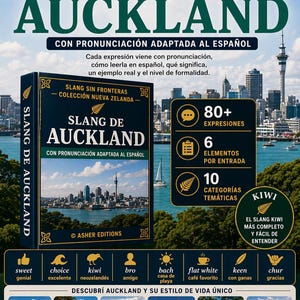 May include: A book titled "Slang de Auckland" with the text "Slang Sin Fronteras - Colecci&oacute;n Nueva Zelanda." The cover features a cityscape and the text "Con Pronunciaci&oacute;n Adaptada al Espa&ntilde;ol." Additional text includes "80+ expresiones" and "10 categor&iacute;as tem&aacute;ticas."