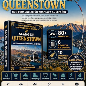May include: A poster advertising "Slang de Queenstown", a book teaching Spanish speakers local slang. The design features a blue and gold colour scheme, images of Queenstown, and details like 80+ expressions and 10 thematic categories. The book is part of the "Slang Sin Fronteras" series.