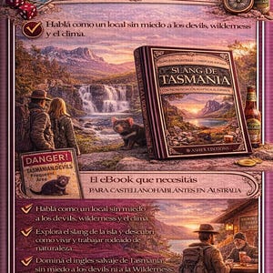 May include: An advertisement for an ebook titled "Slang de Tasmania" with a landscape illustration. The image includes a sign warning of Tasmanian devils, a compass, dice, and bottles of beer.