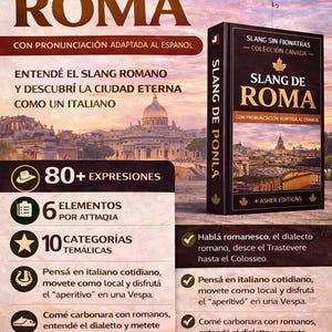 May include: A book cover titled "Slang de Roma" with text in Spanish, featuring a cityscape and the phrase "Con Pronunciaci&oacute;n Adaptada al Espa&ntilde;ol." The cover also includes the text "80+ Expresiones" and "6 Elementos por Attiaqia."