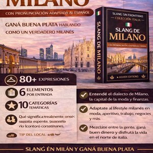 May include: A book cover and promotional material for "Slang de Milano," a guide to Milanese slang. The cover features the title in large, gold letters, with Italian flag accents. Additional text highlights the book's features.